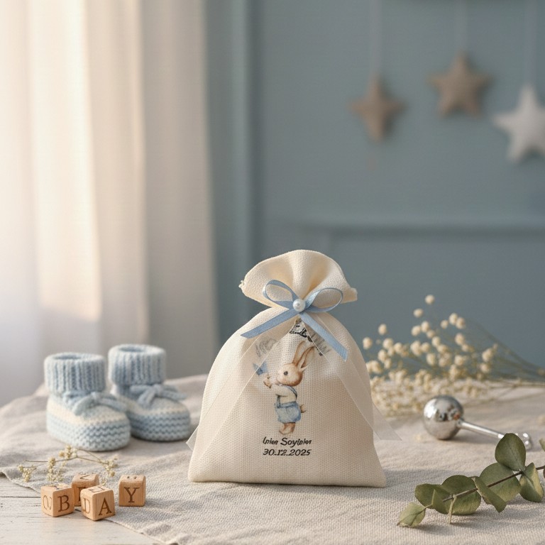 MAKE- 00004 Dijital Mavi Tavşan Baskılı Keten Kese